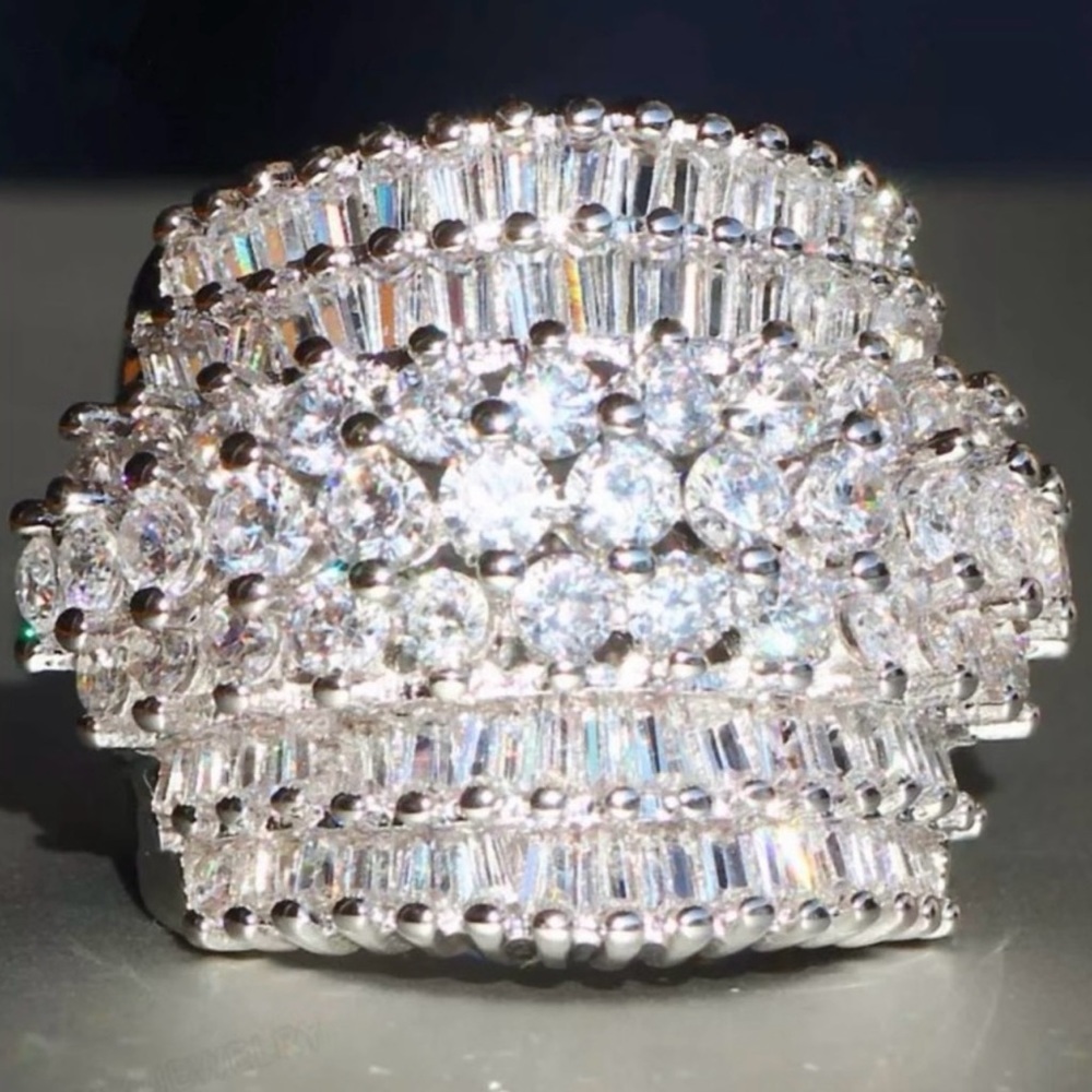 Silver Round Diamond Pave Wide Band Ring